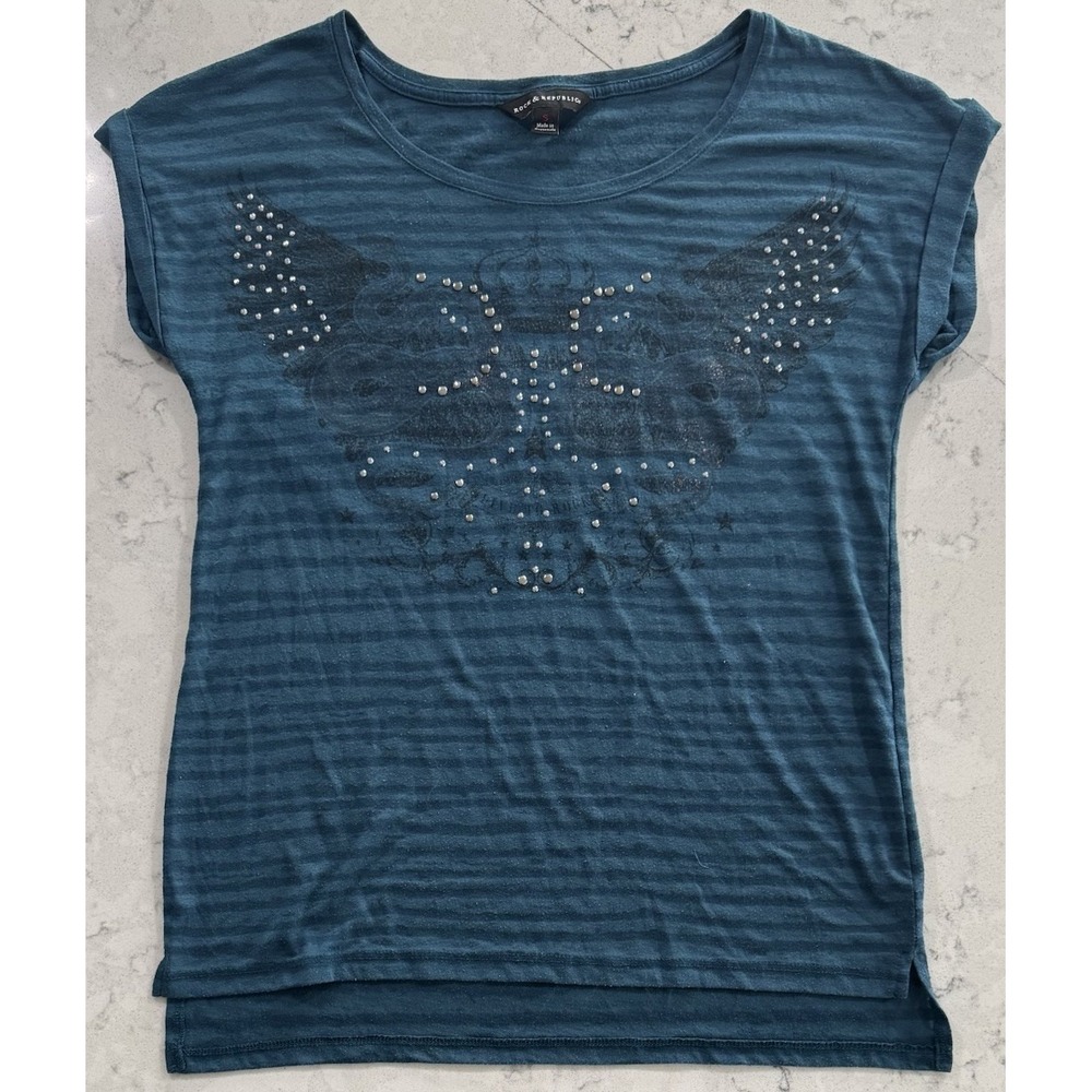 Rock & Republic Y2K Rhinestone T-Shirt Womens S Teal Blue Studded Crown Wings